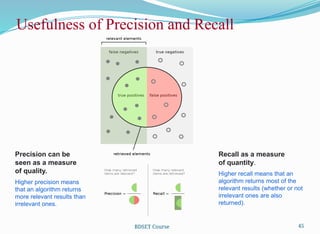 45
Usefulness of Precision and Recall
BDSET Course
Precision can be
seen as a measure
of quality.
Recall as a measure
of quantity.
Higher precision means
that an algorithm returns
more relevant results than
irrelevant ones.
Higher recall means that an
algorithm returns most of the
relevant results (whether or not
irrelevant ones are also
returned).
 