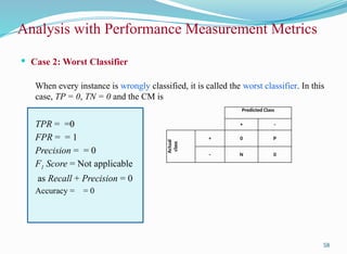 Analysis with Performance Measurement Metrics
 Case 2: Worst Classifier
When every instance is wrongly classified, it is called the worst classifier. In this
case, TP = 0, TN = 0 and the CM is
TPR = =0
FPR = = 1
Precision = = 0
F1 Score = Not applicable
as Recall + Precision = 0
Accuracy = = 0
58
Predicted Class
+ -
Actual
class
+ 0 P
- N 0
 