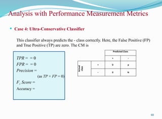 Analysis with Performance Measurement Metrics
 Case 4: Ultra-Conservative Classifier
This classifier always predicts the - class correctly. Here, the False Positive (FP)
and True Positive (TP) are zero. The CM is
TPR = = 0
FPR = = 0
Precision =
(as TP + FP = 0)
F1 Score =
Accuracy =
60
Predicted Class
+ -
Actual
class
+ 0 p
- 0 N
 