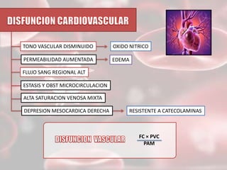 TONO VASCULAR DISMINUIDO

OXIDO NITRICO

PERMEABILIDAD AUMENTADA

EDEMA

FLUJO SANG REGIONAL ALT
ESTASIS Y OBST MICROCIRCULACION
ALTA SATURACION VENOSA MIXTA
DEPRESION MESOCARDICA DERECHA

RESISTENTE A CATECOLAMINAS

FC × PVC
PAM

 