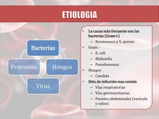 •

Bacterias

Protozoos
Virus

Hongos

•

•
•

La causa más frecuente son las
bacterias (Gram+)
– Neumococo y S. aureus
Gram – E. coli
– Klebsiella
– Pseudomonas
Hongos
– Candida
Sitio de infección mas común
– Vías respiratorias
– Vías génitourinarias
– Fuentes abdominales (vesícula
y cólon)

 