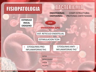 ENDOTOXINAS
COMP ESTRUCTURAL
EXOTOXINAS
PROTEINAS SINTETIZADAS
ESTIMULO
INICAL
EXOGENO

GRAM -

ENDOTOXINA (LPS)
+
SIST. RETICULO ENDOTELIAL
ESTIMULACION TCD4

CITOQUINAS PROINFLAMATORIAS TH1
SEPSIS
SEPSIS SEVERA
SHOCK

MUERTE

CITOQUINAS ANTIINFLAMATORIAS TH2

 