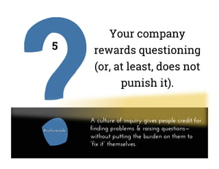 Your company
rewards questioning
(or, at least, does not
punish it).
5
A culture of inquiry gives people credit for
finding problems & raising questions—
without putting the burden on them to
“fix it” themselves.
 