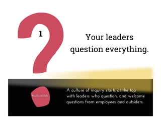 Your leaders
question everything.
1
A culture of inquiry starts at the top
with leaders who question, and welcome
question...