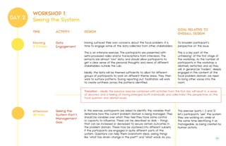 DAY 2
TIME ACTIVITY DESIGN
GOAL RELATIVE TO
OVERALL DESIGN
Having surfaced their own concerns about the focal problem, it is
time to engage some of the data collected from other stakeholders.
This is an intensive exercise. The participants are presented with
semi-processed video and/or transcriptions from interviews. The
extracts are almost "raw” data, and should allow participants to
get a clear sense of the personal thoughts and views of different
stakeholders outside the Lab.
Ideally, the data will be themed sufficiently to allow for different
groups of participants to work on different theme areas. They then
work to surface patterns. During reporting out, facilitators will work
to create synthesis across the patterns identified.
In this exercise, participants are asked to identify the variables that
determine how the current problem domain is being managed. They
should be variables over which they feel they have some control
or capacity to influence. These can be described as dials – things
that can be increased or decreased to secure certain outcomes in
the problem domain. These may be clustered into different subsets
if the participants are engaged in quite different parts of the
system. Questions can help them brainstorm ideas, asking things
like "what has driven change in the past?” and "what words do you
To broaden participant’s
perspective on the issue.
This is a key part of the
unfreezing” of the first stage of
the workshop. As the number of
participants in the workshop is
relatively restricted, and as they
will, in general be "insiders”, deeply
engaged in the content of the
focal problem domain, we need
to bring other voices into the
room.
Data
Engagement
Morning
2-3 hours
Afternoon
30 mins
Seeing the
System Part 1:
Management
Dials
Transition - Ideally the previous exercise combined with activities from the first day will result in a sense
of discovery and a feeling of having enlarged (both individually and collectively) the perspectives on the
focal question and related issues.
This exercise (parts 1, 2 and 3)
let’s participants "see” the system
they are working on, while at
the same time identifying it as
manageable, as being created by
human activity.
WORKSHOP 1:
Seeing the System
29.
 