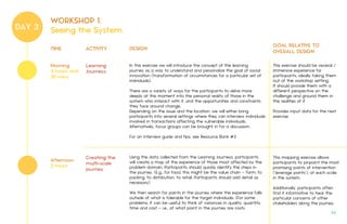 DAY 3
TIME ACTIVITY DESIGN
GOAL RELATIVE TO
OVERALL DESIGN
In this exercise we will introduce the concept of the learning
journey as a way to understand and personalize the goal of social
innovation (transformation of circumstances for a particular set of
individuals).
There are a variety of ways for the participants to delve more
deeply at this moment into the personal reality of those in the
system who interact with it, and the opportunities and constraints
they face around change.
Depending on the issue and the location, we will either bring
participants into several settings where they can interview individuals
involved in transactions affecting the vulnerable individuals.
Alternatively, focus groups can be brought in for a discussion.
For an interview guide and tips, see Resource Bank #3
Using the data collected from the Learning Journeys, participants
will create a map of the experience of those most affected by the
problem domain. Participants should quickly identify the steps in
the journey. (E.g., for food, this might be the value chain – farm, to
packing, to distribution, to retail. Participants should add detail as
necessary)
We then search for points in the journey where the experience falls
outside of what is tolerable for the target individuals. (For some
problems, it can be useful to think of variances in quality, quantity,
time and cost – i.e., at what point in the journey are costs
This exercise should be visceral /
immersive experience for
participants, ideally taking them
out of the workshop setting.
It should provide them with a
different perspective on the
challenge and ground them in
the realities of it
Provides input data for the next
exercise.
Learning
Journeys4 hours and
30 mins
Afternoon
2 hours
This mapping exercise allows
participants to pinpoint the most
promising points of intervention
(‘leverage points’), at each scale
in the system.
Additionally, participants often
find it informative to hear the
particular concerns of other
stakeholders along the journey.
Morning
Creating the
multi-scale
journey
WORKSHOP 1:
Seeing the System
34.
 