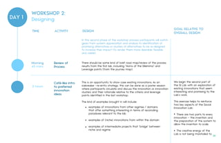 DAY 1
TIME ACTIVITY DESIGN
GOAL RELATIVE TO
OVERALL DESIGN
In this second phase of the workshop process participants will switch
gears from system appreciation and analysis to identification of
promising alternatives or clusters of alternatives to be re-designed
to increase their impact (to render them more desirable, feasible
and viable).
There should be some kind of brief road map/review of the process
results from the first lab, including "Horns of the Dilemma” and
Leverage points (from the journey map).
This is an opportunity to show case existing innovations. As an
icebreaker –re-entry strategy, this can be done as a poster session
where participants circulate and discuss the innovation or innovation
clusters and their rationale relative to the criteria and leverage
points identified in the last workshop.
The kind of examples brought in will include:
We begin the second part of
the SI Lab with an exploration of
existing innovations that seem
interesting and promising to the
Lab’s work.
This exercise helps to reinforce
two key aspects of the Social
Innovation Lab:
There are two parts to every
innovation – the invention and
the preparation of the system to
allow the invention to scale
The creative energy of the
Lab is not being marshaled to
Review of
Process
Morning
45 mins
Café-like intro
to preferred
innovation
ideas
2 hours
examples of innovations from other regimes / domains
that offer something interesting in terms of reconciling
paradoxes relevant to the lab
examples of (niche) innovations from within the domain
examples of intermediate projects that "bridge” between
niche and regime
•
•
•
•
•
WORKSHOP 2:
Designing
39.
 