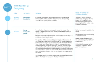 DAY 2
TIME ACTIVITY DESIGN
GOAL RELATIVE TO
OVERALL DESIGN
In this step participants would be introduced to some radical
thinkers/artists in their problem domain, by way of expanding
thinking. Short presentations and Q & A
This is the first chance for participants to use the model. The
session is deliberately quite short as the model will likely still be in
development.
Modeller and/or lab facilitator briefly introduce the model, what it is,
and demonstrate how to use it.
The specifics of this exercise will depend largely on the nature of
the model being used, but it should include the following elements:
participants should get to use and/or play with the model directly,
there should be an opportunity for them to provide input data
to the model, the model should prompt them to consider system
dynamics (how different variables affect each other) and, lastly,
any participant interested in additional input / work with the model
should be offered options to do so. Ideally, the model should include
some potential innovations that the participants can implement in
the model.
The modeller and/or facilitator should close with a brief explanation
of how the model will be used in the final workshop.
To avoid a rush to solutions,
and to keep divergence alive for
longer, this is a good time to
introduce both other ways of
perceiving (artist) or radical ways
of doing (innovators).
Gather participant input into the
model
Familiarize participants with using
a computer model
Explore system dynamics and
the potential impact of different
interventions
(Potentially) Encourage further
divergence in thinking about
potential solutions
Using
Computer
Model
45 mins
Expanding
Possibilities2 hours
Morning
WORKSHOP 2:
Designing
41.
 