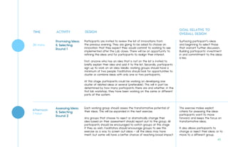 TIME ACTIVITY DESIGN
GOAL RELATIVE TO
OVERALL DESIGN
Participants are invited to review the list of innovations from
the previous evening. They are going to be asked to choose an
innovation that they expect they would commit to working to see
implemented after the Lab closes. There will be an opportunity to
refining the ideas and for participants to realign their interest.
First, anyone who has an idea that is not on the list is invited to
briefly explain their idea and add it to the list. Secondly, participants
sign up to work on an idea. Ideally, working groups should have a
minimum of two people. Facilitators should look for opportunities to
cluster or combine ideas with only one or two participants.
At this stage, participants could be working on developing one
cluster of related ideas or several (preferable). This will in part be
determined by how many participants there are and whether, in the
first lab workshop, they have been working on the same or different
parts of the system.
Each working group should assess the transformative potential of
their ideas. This will be expanded in the next exercise.
Any groups that choose to reject or dramatically change their
idea based on their assessment should report out to the group. All
participants should be encouraged to switch groups at this stage
if they so wish. Facilitators should encourage groups to see this
exercise as a way to screen out ideas – all the ideas may have
merit, but some will have a better chance of reaching broad impact
Surfacing participant’s ideas
and beginning to select those
that warrant further discussion.
Building participants’ investment
in and commitment to the ideas
is key.
This exercise makes explicit
criteria for assessing the ideas
participants want to move
forward, and keeps the focus on
transformative ideas.
It also allows participants to
change or reject their ideas, or to
move to a different group.
Assessing Ideas
& Selecting
Round 2
1 hour
Promising Ideas
& Selecting
Round 1
30 mins
Afternoon
42.
 
