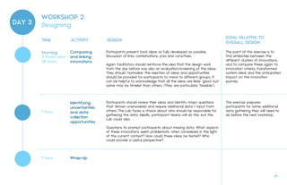 DAY 3
TIME ACTIVITY DESIGN
GOAL RELATIVE TO
OVERALL DESIGN
Participants present back ideas as fully developed as possible.
Discussion of links, combinations, pros and cons/fixes.
Again, facilitators should reinforce the idea that the design work
from the day before was also an evaluation/screening of the ideas.
They should ‘normalise’ the rejection of ideas and opportunities
should be provided for participants to move to different groups. It
can be helpful to acknowledge that all the ideas are likely ‘good’ but
some may be timelier than others. (They are particularly ‘feasible’).
Participants should review their ideas and identify major questions
that remain unanswered and require additional data / input from
others. The Lab faces a choice about who should be responsible for
gathering this data. Ideally, participant teams will do this, but the
Lab could also.
Questions to prompt participants about missing data: What aspects
of these innovations seem problematic when considered in the light
of the current context? How could these ideas be tested? Who
could provide a useful perspective?
The point of this exercise is to
find similarities between the
different clusters of innovations,
and to compare these again to
innovation criteria, transformed
system ideal, and the anticipated
impact on the innovation
journey.
This exercise prepares
participants for some additional
data gathering they will need to
do before the next workshop.
Identifying
uncertainties
and data
collection
opportunities
1 hour
Comparing
and linking
innovations
2 hours and
30 mins
Morning
1 hour Wrap-Up
WORKSHOP 2:
Designing
45.
 
