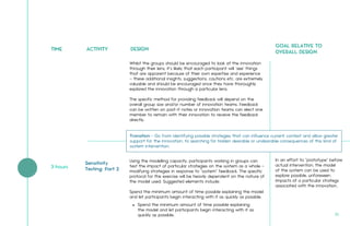 TIME ACTIVITY DESIGN
GOAL RELATIVE TO
OVERALL DESIGN
Whilst the groups should be encouraged to look at the innovation
through their lens, it’s likely that each participant will ‘see’ things
that are apparent because of their own expertise and experience
– these additional insights, suggestions, cautions etc. are extremely
valuable and should be encouraged once they have thoroughly
explored the innovation through a particular lens.
The specific method for providing feedback will depend on the
overall group size and/or number of innovation teams. Feedback
can be written on post-it notes or innovation teams can elect one
member to remain with their innovation to receive the feedback
directly.
Using the modelling capacity, participants working in groups can
test the impact of particular strategies on the system as a whole –
modifying strategies in response to "system” feedback. The specific
protocol for this exercise will be heavily dependent on the nature of
the model used. Suggested elements include:
Spend the minimum amount of time possible explaining the model
and let participants begin interacting with it as quickly as possible.
In an effort to "prototype” before
actual intervention, the model
of the system can be used to
explore possible, unforeseen
impacts of a particular strategy
associated with the innovation.
Transition - Go from identifying possible strategies that can influence current context and allow greater
support for the innovation, to searching for hidden desirable or undesirable consequences of this kind of
system intervention.
Sensitivity
Testing: Part 23 hours
Spend the minimum amount of time possible explaining
the model and let participants begin interacting with it as
quickly as possible.
•
51.
 