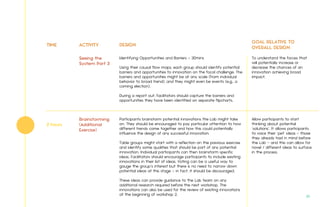 TIME ACTIVITY DESIGN
GOAL RELATIVE TO
OVERALL DESIGN
Identifying Opportunities and Barriers – 30mins
Using their causal flow maps, each group should identify potential
barriers and opportunities to innovation on the focal challenge. The
barriers and opportunities might be at any scale (from individual
behavior to broad trend), and they might even be events (e.g., a
coming election).
During a report out, facilitators should capture the barriers and
opportunities they have been identified on separate flipcharts.
Participants brainstorm potential innovations the Lab might take
on. They should be encouraged to pay particular attention to how
different trends come together and how this could potentially
influence the design of any successful innovation.
Table groups might start with a reflection on the previous exercise
and identify some qualities that should be part of any potential
innovation. Individual participants can then brainstorm specific
ideas. Facilitators should encourage participants to include existing
innovations in their list of ideas. Voting can be a useful way to
gauge the group’s interest but there is no need to narrow down
potential ideas at this stage – in fact, it should be discouraged.
These ideas can provide guidance to the Lab team on any
additional research required before the next workshop. The
innovations can also be used for the review of existing innovations
at the beginning of workshop 2.
To understand the forces that
will potentially increase or
decrease the chances of an
innovation achieving broad
impact.
Allow participants to start
thinking about potential
‘solutions’. It allows participants
to voice their ‘pet’ ideas – those
they already had in mind before
the Lab – and this can allow for
novel / different ideas to surface
in the process.
Seeing the
System Part 3
2 hours
Brainstorming
(Additional
Exercise)
61.
 