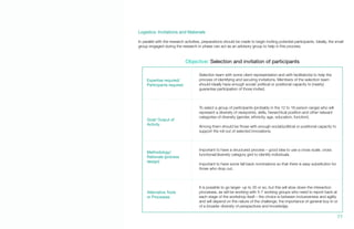Logistics: Invitations and Materials
In parallel with the research activities, preparations should be made to begin inviting potential participants. Ideally, the small
group engaged during the research in phase can act as an advisory group to help in this process.
Objective: Selection and invitation of participants
Expertise required/
Participants required
Goal/ Output of
Activity
Methodology/
Rationale (process
design)
Alternative Tools
or Processes
Selection team with some client representation and with facilitator(s) to help the
process of identifying and securing invitations. Members of the selection team
should ideally have enough social/ political or positional capacity to (nearly)
guarantee participation of those invited.
To select a group of participants (probably in the 12 to 18 person range) who will
represent a diversity of viewpoints, skills, hierarchical position and other relevant
categories of diversity (gender, ethnicity, age, education, function).
Among them should be those with enough social/political or positional capacity to
support the roll out of selected innovations.
Important to have a structured process – good idea to use a cross scale, cross
functional/diversity category grid to identify individuals.
Important to have some fall back nominations so that there is easy substitution for
those who drop out.
It is possible to go larger- up to 35 or so, but this will slow down the interaction
processes, as will be working with 5-7 working groups who need to report back at
each stage of the workshop itself – the choice is between inclusiveness and agility
and will depend on the nature of the challenge, the importance of general buy-in or
of a broader diversity of perspectives and knowledge.
77.
 