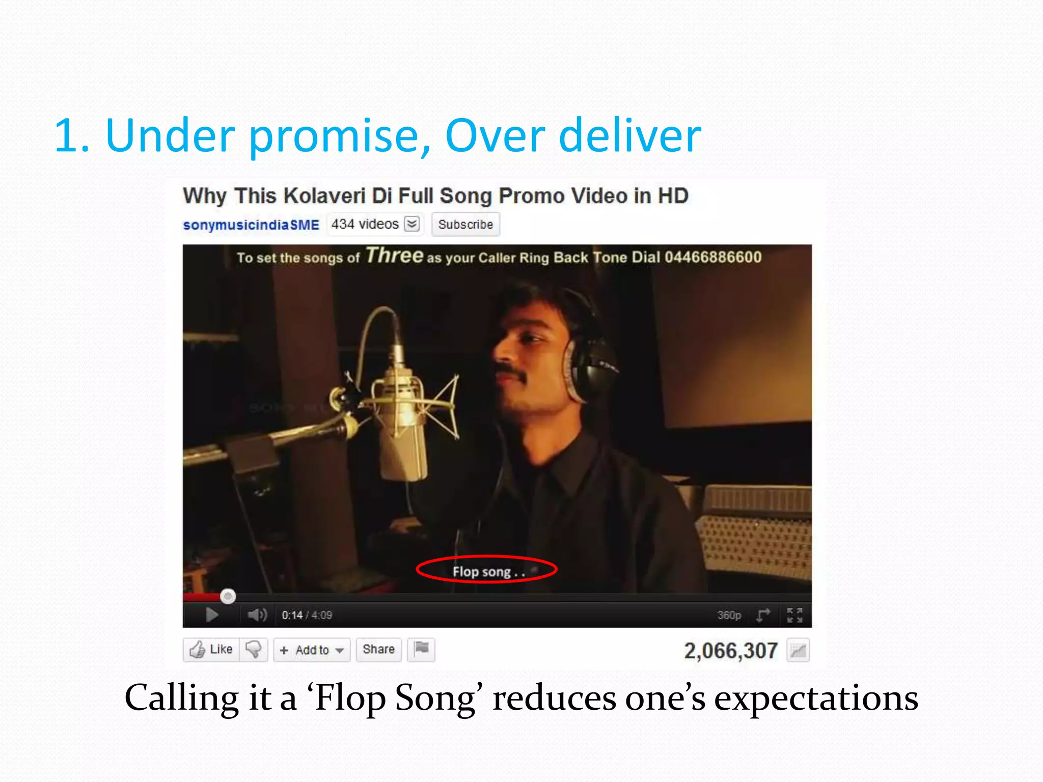 1. Under promise, Over deliver




   Calling it a ‘Flop Song’ reduces one’s expectations
 