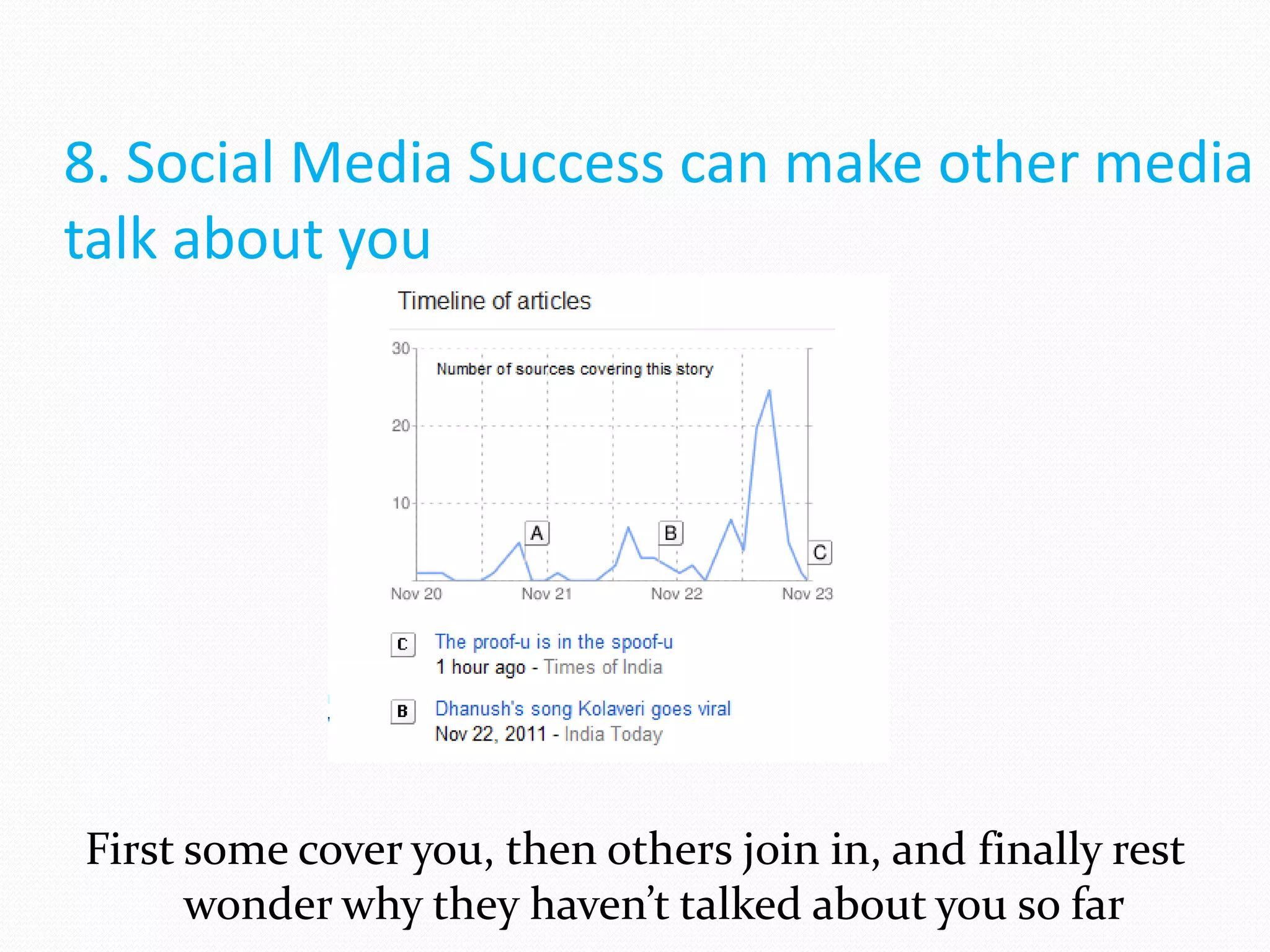 8. Social Media Success can make other media
talk about you




First some cover you, then others join in, and finally rest
      wonder why they haven’t talked about you so far
 