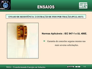 ENSAIO DE RESISTÊNCIA À EXTRAÇÃO DE FIOS POR TRAÇÃO (PULL-OUT) Normas Aplicáveis : IEC 947-1 e UL 486E. Garantia de conexões seguras mesmo nas  mais severas solicitações. ENSAIOS Botões 1-5 
