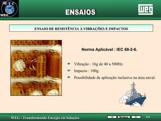 ENSAIO DE RESISTÊNCIA À VIBRAÇÕES E IMPACTOS Norma Aplicável : IEC 68-2-6. Vibração : 16g de 40 a 500Hz. Impacto : 100g. Possibilidade de aplicação inclusive na área naval. ENSAIOS Botões 2-5 