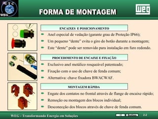 Anel especial de vedação (garante grau de Proteção IP66); Um pequeno “dente” evita o giro do botão durante a montagem; Este “dente” pode ser removido para instalação em furo redondo.  Exclusivo anel metálico rosqueável patenteado; Fixação com o uso de chave de fenda comum; Alternativa: chave fixadora BWACWAF. ENCAIXES  E POSICIONAMENTO PROCEDIMENTO DE ENCAIXE E FIXAÇÃO Engate dos contatos no frontal através de flange de encaixe rápido; Remoção ou montagem dos blocos individual; Desconecção dos blocos através de chave de fenda comum. MONTAGEM RÁPIDA  FORMA DE MONTAGEM Botões 2-2 