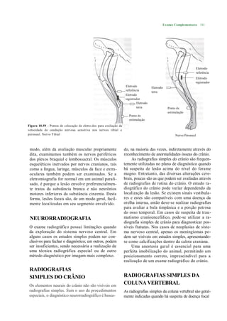 Exames Complementares 541




                                                                                                                          Eletrodo
                                                                                                                          referência
                                                                                                                      Eletrodo
                                                                                                                      registrador
                                                                      Eletrodo           Eletrodo
                                                                      referência
                                                                                         terra
                                                                      Eletrodo
                                                                      registrador
                                                                              Eletrodo
                                                                              terra                 Ponto de
                                                                                                    estimulação
                                                                        Ponto de
                                                                        estimulação
Figura 10.59 - Pontos de colocação de eletro-dos para avaliação da
velocidade de condução nervosa sensitiva nos nervos tibial e
peroneal. Nervo Tibial                                                                                   Nervo Peroneal



 modo, além da avaliação muscular propriamente                       do, na maioria das vezes, indiretamente através do
 dita, examinamos também os nervos periféricos                       reconhecimento de anormalidades ósseas do crânio.
 dos plexos braquial e lombossacral. Os músculos                          As radiografias simples do crânio são frequen-
 esqueléticos inervados por nervos cranianos, tais                   temente utilizadas no plano de diagnóstico quando
 como a língua, laringe, músculos da face e extra-                   há suspeita de lesão acima do nível do forame
 oculares também podem ser examinados. Se a                          magno. Entretanto, das diversas alterações cere-
 eletromiografia for normal em um animal parali-                     brais, poucas são as que podem ser avaliadas através
 sado, é porque a lesão envolve preferencialmen-                     de radiografias de rotina do crânio. O estudo ra-
 te tratos da substância branca e não neurônios                      diográfico do crânio pode variar dependendo da
 motores inferiores da substância cinzenta. Desta                    localização da lesão. Se existem sinais vestibula-
 forma, lesões focais são, de um modo geral, facil-                  res e estes são compatíveis com uma doença da
 mente localizadas em seu segmento envolvido.                        orelha interna, então deve-se realizar radiografias
                                                                     para avaliar a bula timpânica e a porção petrosa
                                                                     do osso temporal. Em casos de suspeita de trau-
 NEURORRADIOGRAFIA                                                   matismo cranioencefálico, pode-se utilizar a ra-
                                                                     diografia simples de crânio para diagnosticar pos-
 O exame radiográfico possui limitações quando                       síveis fraturas. Nos casos de neoplasias de siste-
 da exploração do sistema nervoso central. Em                        ma nervoso central, apenas os meningiomas po-
 alguns casos os estudos simples podem ser con-                      dem ser visíveis em estudos simples, apresentando-
 clusivos para fechar o diagnóstico; em outros, podem                se como calcificações dentro da calota craniana.
 ser insuficientes, sendo necessária a realização de                      Uma anestesia geral é essencial para uma
 uma técnica radiográfica especial ou de outro                       perfeita imobilização do animal, permitindo um
 método diagnóstico por imagem mais complexo.                        posicionamento correto, imprescindível para a
                                                                     realização de um exame radiográfico do crânio.

 RADIOGRAFIAS
 SIMPLES DO CRÂNIO                                                   RADIOGRAFIAS SIMPLES DA
 Os elementos neurais do crânio não são visíveis em
                                                                     COLUNA VERTEBRAL
 radiografias simples. Sem o uso de procedimentos                    As radiografias simples da coluna vertebral são geral-
 especiais, o diagnóstico neurorradiográfíco é basea-                mente indicadas quando há suspeita de doença focal
 