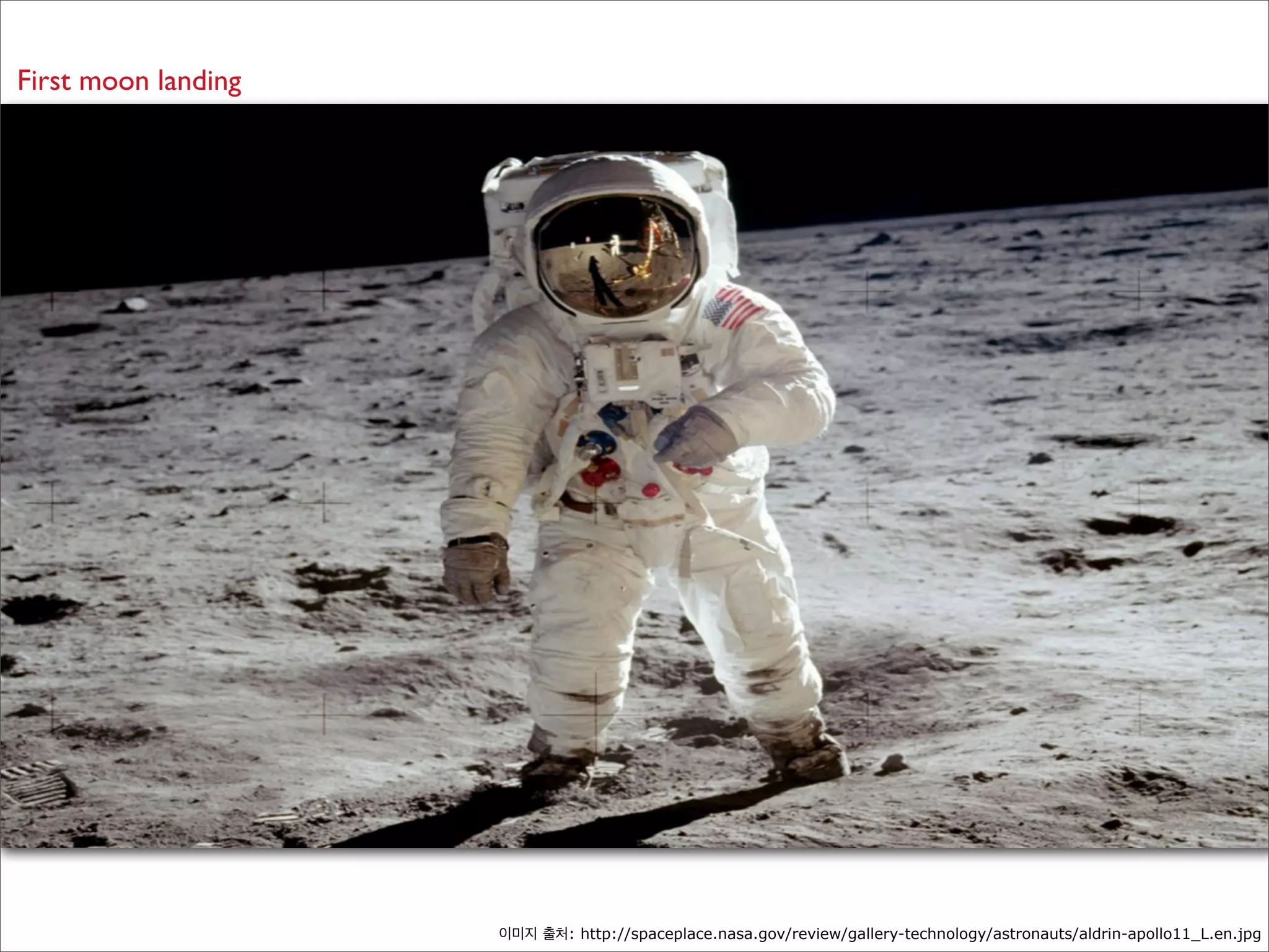 First moon landing

이미지 출처: http://spaceplace.nasa.gov/review/gallery-technology/astronauts/aldrin-apollo11_L.en.jpg

 