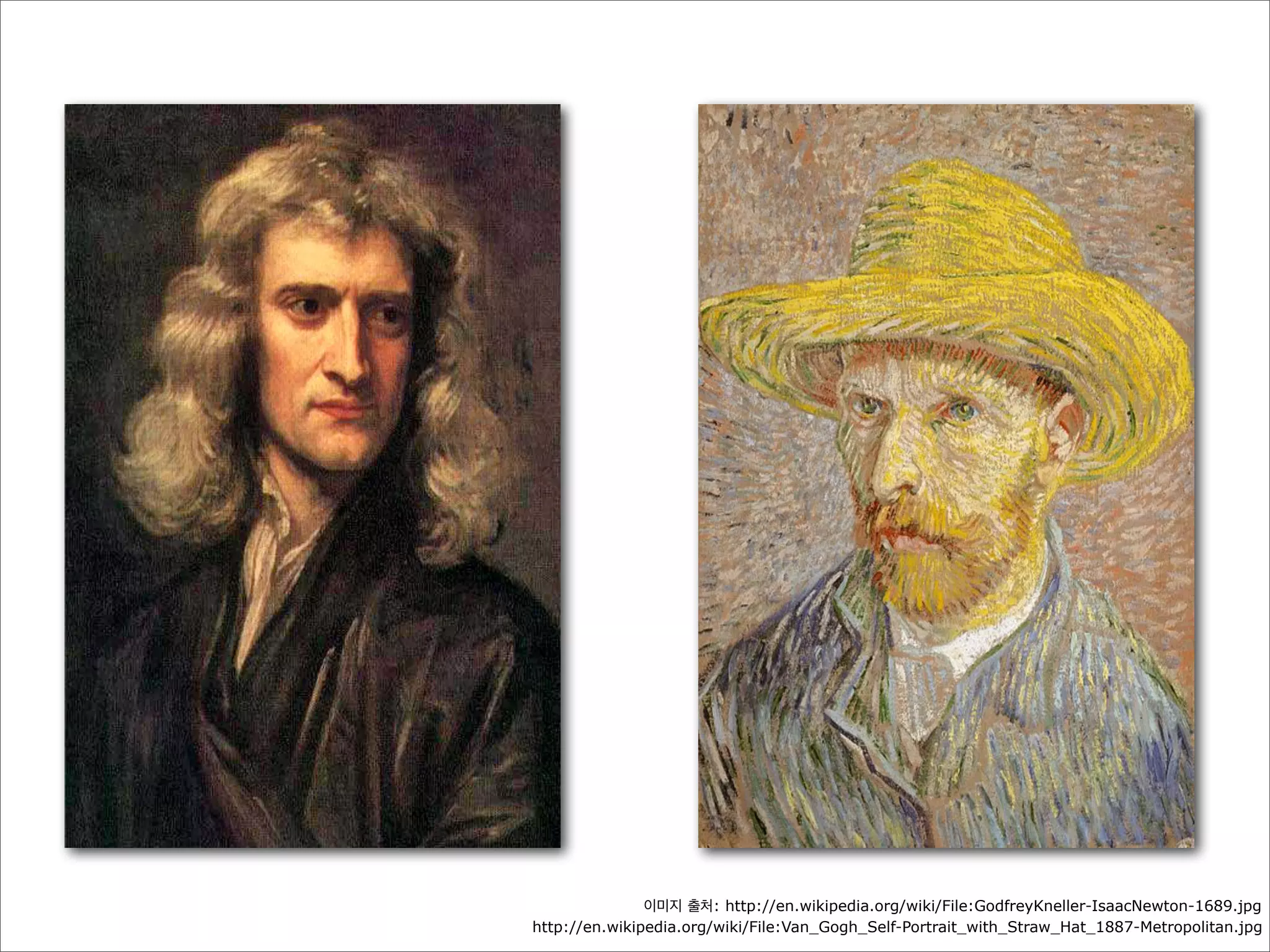 이미지 출처: http://en.wikipedia.org/wiki/File:GodfreyKneller-IsaacNewton-1689.jpg
http://en.wikipedia.org/wiki/File:Van_Gogh_Self-Portrait_with_Straw_Hat_1887-Metropolitan.jpg

 