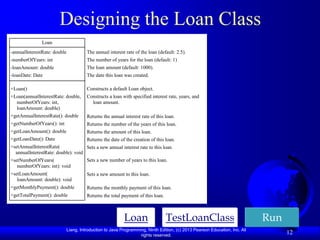 Designing the Loan Class
               Loan
-annualInterestRate: double           The annual interest rate of the loan (default: 2.5).
-numberOfYears: int                   The number of years for the loan (default: 1)
-loanAmount: double                   The loan amount (default: 1000).
-loanDate: Date                       The date this loan was created.

+Loan()                               Constructs a default Loan object.
+Loan(annualInterestRate: double,     Constructs a loan with specified interest rate, years, and
  numberOfYears: int,                   loan amount.
  loanAmount: double)
+getAnnualInterestRate(): double      Returns the annual interest rate of this loan.
+getNumberOfYears(): int              Returns the number of the years of this loan.
+getLoanAmount(): double              Returns the amount of this loan.
+getLoanDate(): Date                  Returns the date of the creation of this loan.
+setAnnualInterestRate(             Sets a new annual interest rate to this loan.
  annualInterestRate: double): void
+setNumberOfYears(                  Sets a new number of years to this loan.
   numberOfYears: int): void
+setLoanAmount(                       Sets a new amount to this loan.
   loanAmount: double): void
+getMonthlyPayment(): double          Returns the monthly payment of this loan.
+getTotalPayment(): double            Returns the total payment of this loan.



                                                         Loan                   TestLoanClass                             Run
                           Liang, Introduction to Java Programming, Ninth Edition, (c) 2013 Pearson Education, Inc. All
                                                                rights reserved.
                                                                                                                                12
 