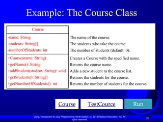 Example: The Course Class
                Course
-name: String                                       The name of the course.
-students: String[]                                 The students who take the course.
-numberOfStudents: int                              The number of students (default: 0).
+Course(name: String)                               Creates a Course with the specified name.
+getName(): String                                  Returns the course name.
+addStudent(student: String): void Adds a new student to the course list.
+getStudents(): String[]           Returns the students for the course.
+getNumberOfStudents(): int                         Returns the number of students for the course.



                                        Course                        TestCource                               Run

                Liang, Introduction to Java Programming, Ninth Edition, (c) 2013 Pearson Education, Inc. All
                                                     rights reserved.
                                                                                                                     20
 