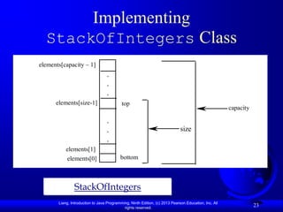 Implementing
  StackOfIntegers Class
elements[capacity – 1]
                                  .
                                  .
                                  .
      elements[size-1]                     top
                                                                                                      capacity

                                  .
                                  .                                          size
                                  .
           elements[1]
           elements[0]                    bottom



                StackOfIntegers
       Liang, Introduction to Java Programming, Ninth Edition, (c) 2013 Pearson Education, Inc. All
                                            rights reserved.
                                                                                                                 23
 