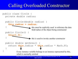 Liang, Introduction to Java Programming, Ninth Edition, (c) 2013 Pearson Education, Inc. All
rights reserved.
10
Calling Overloaded Constructor
public class Circle {
private double radius;
public Circle(double radius) {
this.radius = radius;
}
public Circle() {
this(1.0);
}
public double getArea() {
return this.radius * this.radius * Math.PI;
}
} Every instance variable belongs to an instance represented by this,
which is normally omitted
this must be explicitly used to reference the data
field radius of the object being constructed
this is used to invoke another constructor
 