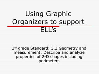 Using Graphic Organizers to support ELL’s 3 rd  grade Standard: 3.3 Geometry and measurement: Describe and analyze properties of 2-D shapes including perimeters 