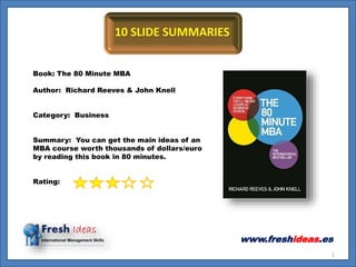 Book: The 80 Minute MBA
Author: Richard Reeves & John Knell
Category: Business
Summary: You can get the main ideas of an
MBA course worth thousands of dollars/euro
by reading this book in 80 minutes.
Rating:
1
www.freshideas.es
 