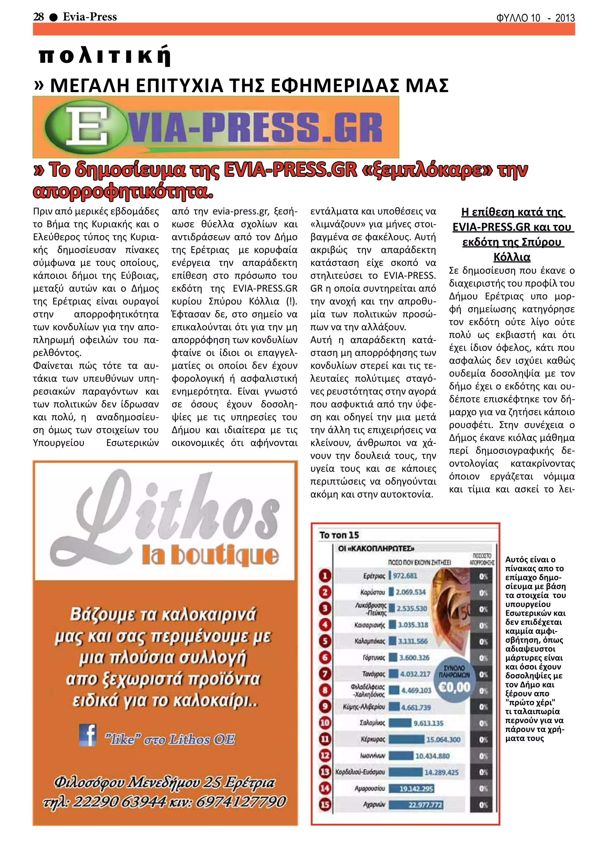 28 Evia-Press ΦΥΛΛΟ 10 - 2013
εντάλματα και υποθέσεις να
«λιμνάζουν» για μήνες στοι-
βαγμένα σε φακέλους. Αυτή
ακριβώς την απαράδεκτη
κατάσταση είχε σκοπό να
στηλιτεύσει το EVIA-PRESS.
GR η οποία συντηρείται από
την ανοχή και την απροθυ-
μία των πολιτικών προσώ-
πων να την αλλάξουν.
Αυτή η απαράδεκτη κατά-
σταση μη απορρόφησης των
κονδυλίων στερεί και τις τε-
λευταίες πολύτιμες σταγό-
νες ρευστότητας στην αγορά
που ασφυκτιά από την ύφε-
ση και οδηγεί την μια μετά
την άλλη τις επιχειρήσεις να
κλείνουν, άνθρωποι να χά-
νουν την δουλειά τους, την
υγεία τους και σε κάποιες
περιπτώσεις να οδηγούνται
ακόμη και στην αυτοκτονία.
Η επίθεση κατά της
EVIA-PRESS.GR και του
εκδότη της Σπύρου
Κόλλια
Σε δημοσίευση που έκανε ο
διαχειριστής του προφίλ του
Δήμου Ερέτριας υπο μορ-
φή σημείωσης κατηγόρησε
τον εκδότη ούτε λίγο ούτε
πολύ ως εκβιαστή και ότι
έχει ίδιον όφελος, κάτι που
ασφαλώς δεν ισχύει καθώς
ουδεμία δοσοληψία με τον
δήμο έχει ο εκδότης και ου-
δέποτε επισκέφτηκε τον δή-
μαρχο για να ζητήσει κάποιο
ρουσφέτι. Στην συνέχεια ο
Δήμος έκανε κιόλας μάθημα
περί δημοσιογραφικής δε-
οντολογίας κατακρίνοντας
όποιον εργάζεται νόμιμα
και τίμια και ασκεί το λει-
» μεγαλη επιτυχια της εφημεριδασ μασ
π ο λ ι τ ι κ ή
» Το δημοσίευμα της EVIA-PRESS.GR «ξεμπλόκαρε» την
απορροφητικότητα.
Πριν από μερικές εβδομάδες
το Βήμα της Κυριακής και ο
Ελεύθερος τύπος της Κυρια-
κής δημοσίευσαν πίνακες
σύμφωνα με τους οποίους,
κάποιοι δήμοι της Εύβοιας,
μεταξύ αυτών και ο Δήμος
της Ερέτριας είναι ουραγοί
στην απορροφητικότητα
των κονδυλίων για την απο-
πληρωμή οφειλών του πα-
ρελθόντος.
Φαίνεται πώς τότε τα αυ-
τάκια των υπευθύνων υπη-
ρεσιακών παραγόντων και
των πολιτικών δεν ίδρωσαν
και πολύ, η αναδημοσίευ-
ση όμως των στοιχείων του
Υπουργείου Εσωτερικών
από την evia-press.gr, ξεσή-
κωσε θύελλα σχολίων και
αντιδράσεων από τον Δήμο
της Ερέτριας με κορυφαία
ενέργεια την απαράδεκτη
επίθεση στο πρόσωπο του
εκδότη της EVIA-PRESS.GR
κυρίου Σπύρου Κόλλια (!).
Έφτασαν δε, στο σημείο να
επικαλούνται ότι για την μη
απορρόφηση των κονδυλίων
φταίνε οι ίδιοι οι επαγγελ-
ματίες οι οποίοι δεν έχουν
φορολογική ή ασφαλιστική
ενημερότητα. Είναι γνωστό
σε όσους έχουν δοσολη-
ψίες με τις υπηρεσίες του
Δήμου και ιδιαίτερα με τις
οικονομικές ότι αφήνονται
Αυτός είναι ο
πίνακας απο το
επίμαχο δημο-
σίευμα με βάση
τα στοιχεία του
υπουργείου
Εσωτερικών και
δεν επιδέχεται
καμμία αμφι-
σβήτηση, όπως
αδιαψευστοι
μάρτυρες είναι
και όσοι έχουν
δοσοληψίες με
τον Δήμο και
ξέρουν απο
"πρώτο χέρι"
τι ταλαιπωρία
περνούν για να
πάρουν τα χρή-
ματα τους
 