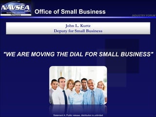 1Statement A: Public release, distribution is unlimited
INDUSTRY FORUM
Office of Small Business
John L. Kurtz
Deputy for Small Business
"WE ARE MOVING THE DIAL FOR SMALL BUSINESS"
 
