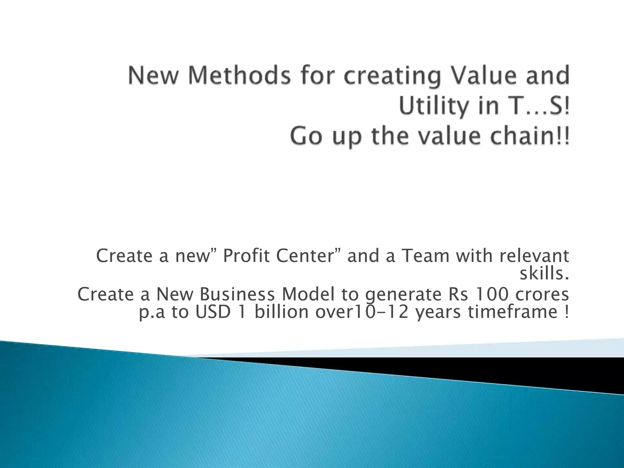 Create a new” Profit Center” and a Team with relevant
skills.
Create a New Business Model to generate Rs 100 crores
p.a to USD 1 billion over10-12 years timeframe !
 