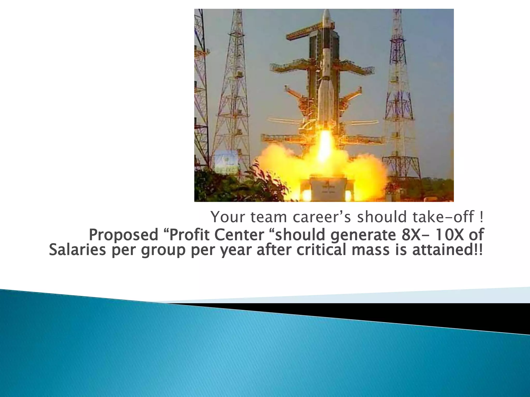 Your team career’s should take-off !
Proposed “Profit Center “should generate 8X- 10X of
Salaries per group per year after critical mass is attained!!
 