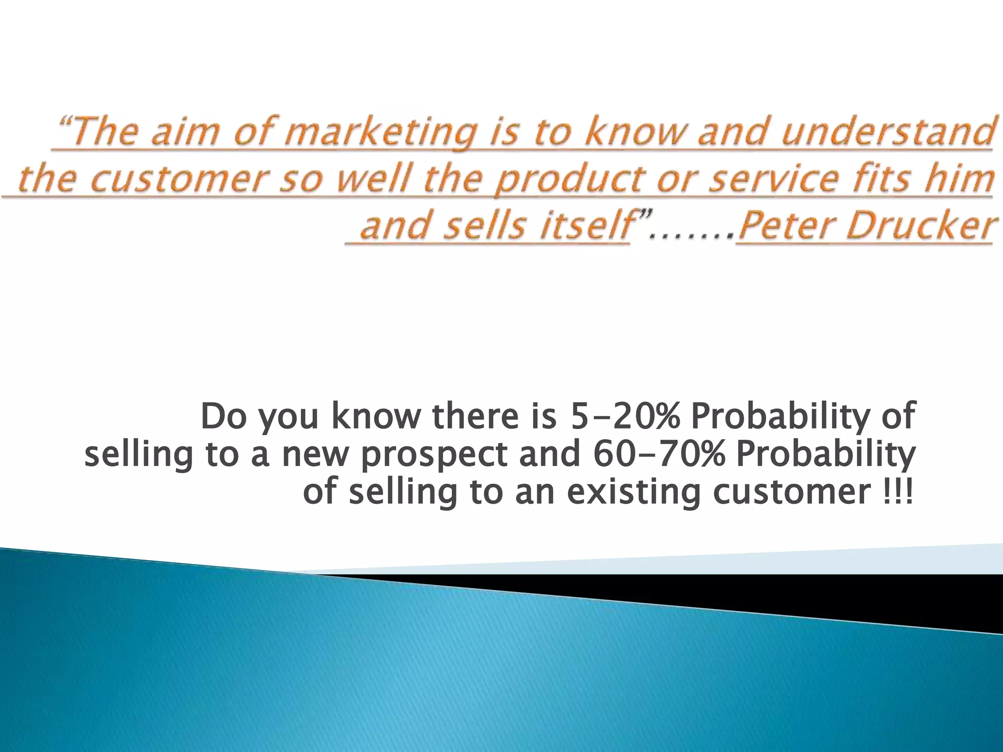 Do you know there is 5-20% Probability of
selling to a new prospect and 60-70% Probability
of selling to an existing customer !!!
 