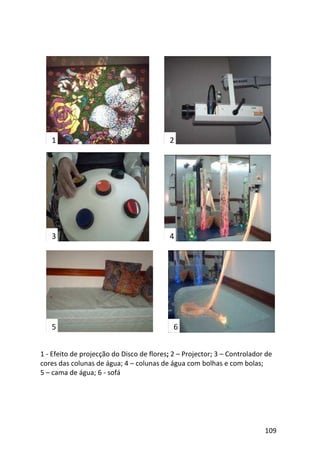 109
6
1 - Efeito de projecção do Disco de flores; 2 – Projector; 3 – Controlador de
cores das colunas de água; 4 – colunas de água com bolhas e com bolas;
5 – cama de água; 6 - sofá
3
1 2
4
5 6
 