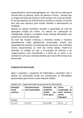 127
preponderância, otorrinolaringologista, etc.. Mas de um modo geral
articula bem as palavras, séries de palavras e frases... Sempre que
se engana dá conta do mesmo e tenta sempre com sucesso corrigir.
O seu desempenho ao nível da leitura mantém-se intacto. O mesmo
tem sido uma alavanca para manter também o desempenho na
oralidade.
Quanto ao cálculo aritmético mantém a capacidade ao nível de
operações simples de somar, no cálculo em subtracção ou
multiplicação simples e complexo revela elevada dificuldade, que
aumenta ao nível da abstracção.
Ao nível das funções mnésicas, a memória remota e memória
procedimental estão globalmente preservadas. Revela boa
capacidade de memória na realização dos exercícios, mas manifesta
muitos esquecimentos ao nível das rotinas diárias. Poder-se-á
entender na medida em que a re-evocação de histórias e de
imagem-palavra está normalizado e o facto de se sentir a ser
avaliada faz com que a atenção (embora por vezes falte) esteja mais
preservada.
Programa de intervenção
Após a avaliação, o programa de fisioterapia e Snoezelen com a
doente foi estruturado tendo em consideração as dificuldades
apresentadas pela mesma e pelo relatório médico.
Quadro 10 – Esquematização do processo de intervenção
Avaliação
Inicial e
contínua
Reconhecimento
das incapacidades
Resolução de
problemas
simples (ex.
Servir água)
Treino e
recuperação do
tacto memória,
escrita e
linguagem
Sessões
1.ª a 3 ª 5.ª a 7ª 15.ª a 30 ª 15.ª a ___ª
 
