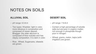 NOTES ON SOILS
ALLUVIAL SOIL
• pH range: 6.5-8.4
• Two types: Khaddar- light in color,
more siliceous in composition and
composed of newer deposit.
Bhaggar- the older alluvium is
composed of lime nodules and has
clayey composition. It is dark in color.
• Rice , Wheat, Sugarcane, oilseeds
are grown.
DESERT SOIL
• pH range: 7.6-8.4
• Contain a high percentage of soluble
salts but are poor in organic matter;
rich enough in phosphate though
poor in nitrogen
• Wheat, grams, melon, bajra (with
irrigation) are grown.
 