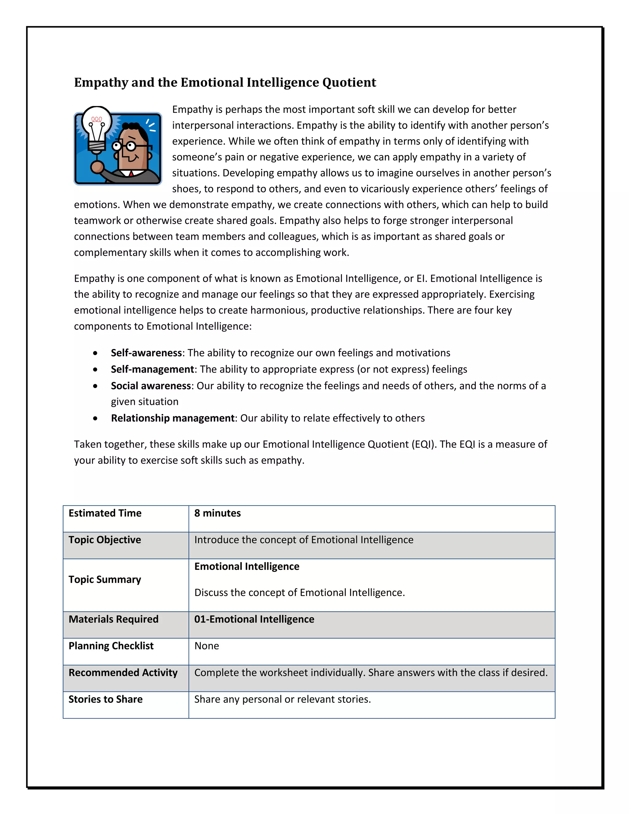 Empathy and the Emotional Intelligence Quotient
Empathy is perhaps the most important soft skill we can develop for better
interpersonal interactions. Empathy is the ability to identify with another person’s
experience. While we often think of empathy in terms only of identifying with
someone’s pain or negative experience, we can apply empathy in a variety of
situations. Developing empathy allows us to imagine ourselves in another person’s
shoes, to respond to others, and even to vicariously experience others’ feelings of
emotions. When we demonstrate empathy, we create connections with others, which can help to build
teamwork or otherwise create shared goals. Empathy also helps to forge stronger interpersonal
connections between team members and colleagues, which is as important as shared goals or
complementary skills when it comes to accomplishing work.
Empathy is one component of what is known as Emotional Intelligence, or EI. Emotional Intelligence is
the ability to recognize and manage our feelings so that they are expressed appropriately. Exercising
emotional intelligence helps to create harmonious, productive relationships. There are four key
components to Emotional Intelligence:
• Self-awareness: The ability to recognize our own feelings and motivations
• Self-management: The ability to appropriate express (or not express) feelings
• Social awareness: Our ability to recognize the feelings and needs of others, and the norms of a
given situation
• Relationship management: Our ability to relate effectively to others
Taken together, these skills make up our Emotional Intelligence Quotient (EQI). The EQI is a measure of
your ability to exercise soft skills such as empathy.
Estimated Time 8 minutes
Topic Objective Introduce the concept of Emotional Intelligence
Topic Summary
Emotional Intelligence
Discuss the concept of Emotional Intelligence.
Materials Required 01-Emotional Intelligence
Planning Checklist None
Recommended Activity Complete the worksheet individually. Share answers with the class if desired.
Stories to Share Share any personal or relevant stories.
 