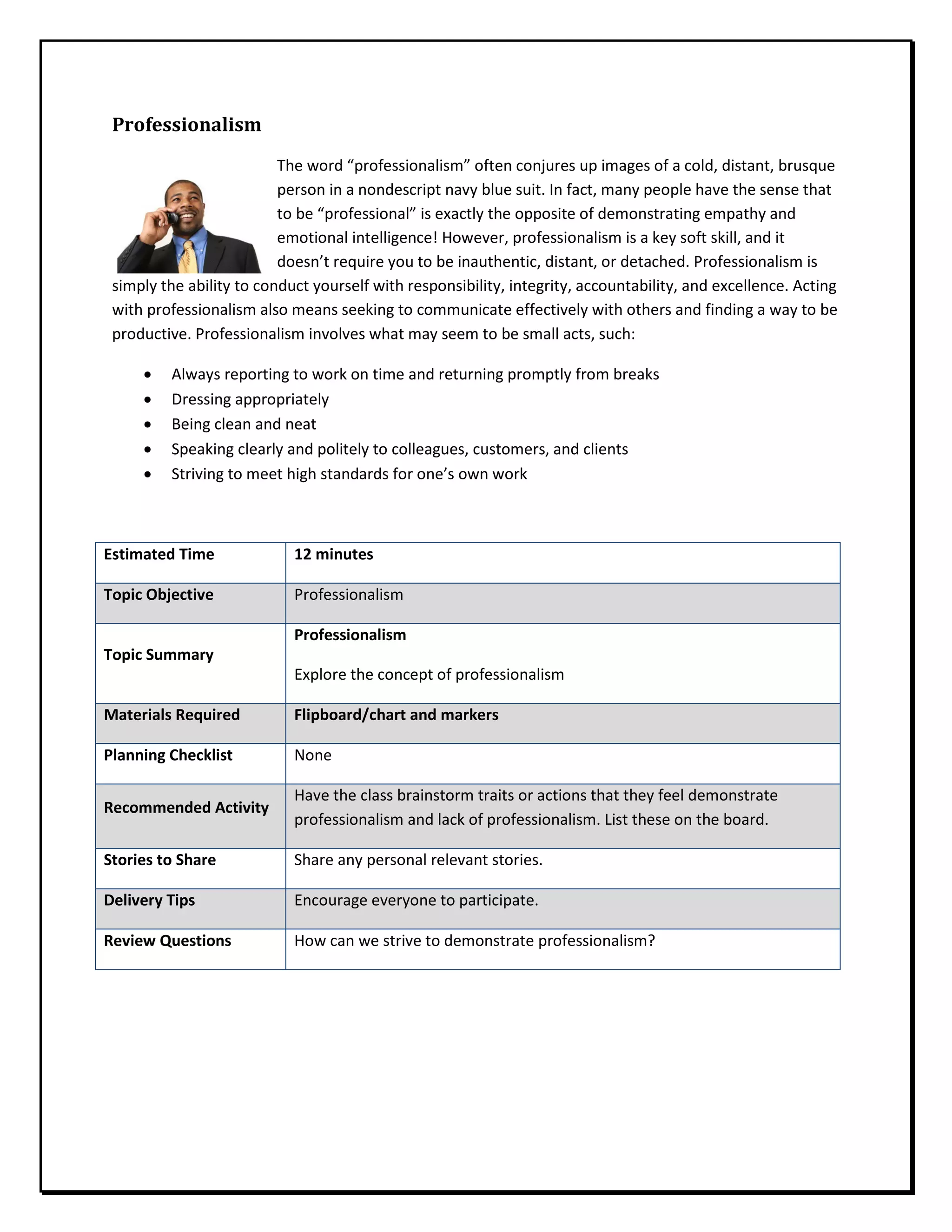Professionalism
The word “professionalism” often conjures up images of a cold, distant, brusque
person in a nondescript navy blue suit. In fact, many people have the sense that
to be “professional” is exactly the opposite of demonstrating empathy and
emotional intelligence! However, professionalism is a key soft skill, and it
doesn’t require you to be inauthentic, distant, or detached. Professionalism is
simply the ability to conduct yourself with responsibility, integrity, accountability, and excellence. Acting
with professionalism also means seeking to communicate effectively with others and finding a way to be
productive. Professionalism involves what may seem to be small acts, such:
• Always reporting to work on time and returning promptly from breaks
• Dressing appropriately
• Being clean and neat
• Speaking clearly and politely to colleagues, customers, and clients
• Striving to meet high standards for one’s own work
Estimated Time 12 minutes
Topic Objective Professionalism
Topic Summary
Professionalism
Explore the concept of professionalism
Materials Required Flipboard/chart and markers
Planning Checklist None
Recommended Activity
Have the class brainstorm traits or actions that they feel demonstrate
professionalism and lack of professionalism. List these on the board.
Stories to Share Share any personal relevant stories.
Delivery Tips Encourage everyone to participate.
Review Questions How can we strive to demonstrate professionalism?
 