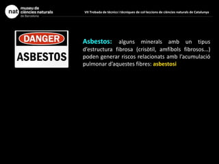 Asbestos: alguns minerals amb un tipus
d’estructura fibrosa (crisòtil, amfíbols fibrosos...)
poden generar riscos relacionats amb l’acumulació
pulmonar d’aquestes fibres: asbestosi
VII Trobada de tècnics i tècniques de col·leccions de ciències naturals de Catalunya
 