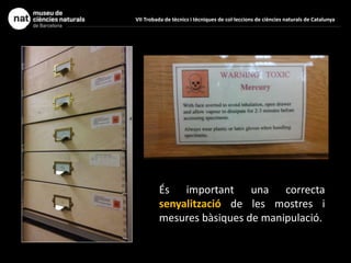 És important una correcta
senyalització de les mostres i
mesures bàsiques de manipulació.
VII Trobada de tècnics i tècniques de col·leccions de ciències naturals de Catalunya
 