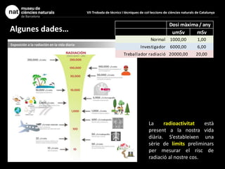Algunes dades… umSv mSv
Normal 1000,00 1,00
Investigador 6000,00 6,00
Treballador radiació 20000,00 20,00
Dosi màxima / any
La radioactivitat està
present a la nostra vida
diària. S’estableixen una
sèrie de límits preliminars
per mesurar el risc de
radiació al nostre cos.
VII Trobada de tècnics i tècniques de col·leccions de ciències naturals de Catalunya
 