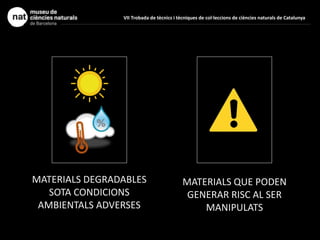 MATERIALS DEGRADABLES
SOTA CONDICIONS
AMBIENTALS ADVERSES
MATERIALS QUE PODEN
GENERAR RISC AL SER
MANIPULATS
VII Trobada de tècnics i tècniques de col·leccions de ciències naturals de Catalunya
 