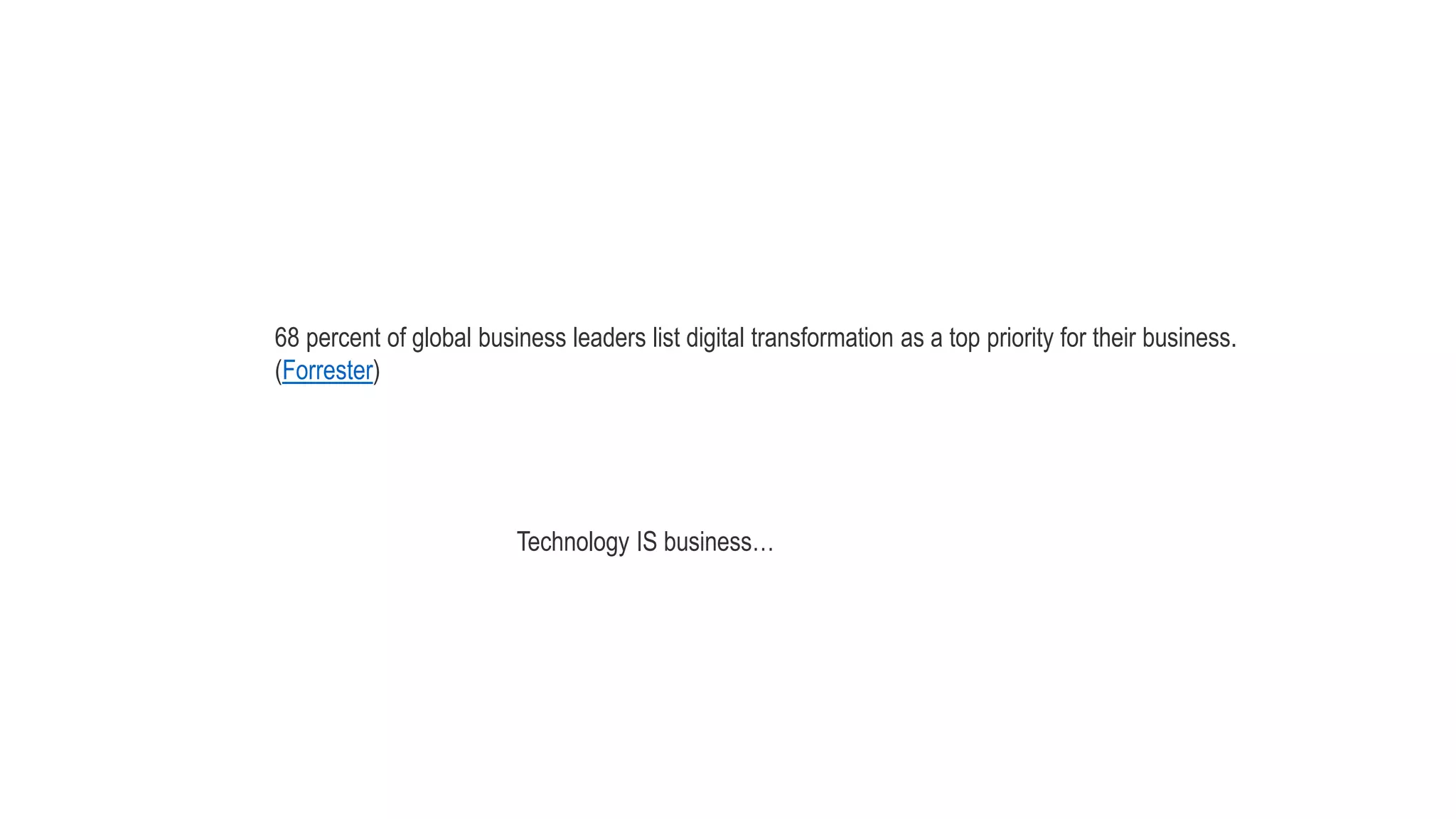 68 percent of global business leaders list digital transformation as a top priority for their business.
(Forrester)
Technology IS business…
 