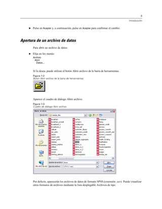 3
Introducción
E Pulse en Aceptar y, a continuación, pulse en Aceptar para conﬁrmar el cambio.
Apertura de un archivo de datos
Para abrir un archivo de datos:
E Elija en los menús:
Archivo
Abrir
Datos...
Si lo desea, puede utilizar el botón Abrir archivo de la barra de herramientas.
Figura 1-2
Botón Abrir archivo de la barra de herramientas
Aparece el cuadro de diálogo Abrir archivo.
Figura 1-3
Cuadro de diálogo Abrir archivo
Por defecto, aparecerán los archivos de datos de formato SPSS (extensión .sav). Puede visualizar
otros formatos de archivos mediante la lista desplegable Archivos de tipo.
 