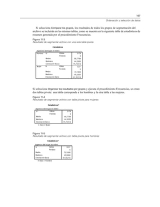 157
Ordenación y selección de datos
Si selecciona Comparar los grupos, los resultados de todos los grupos de segmentación del
archivo se incluirán en las mismas tablas, como se muestra en la siguiente tabla de estadísticos de
resumen generada por el procedimiento Frecuencias.
Figura 11-3
Resultado de segmentar archivo con una sola tabla pivote
Si selecciona Organizar los resultados por grupos y ejecuta el procedimiento Frecuencias, se crean
dos tablas pivote: una tabla corresponde a los hombres y la otra tabla a las mujeres.
Figura 11-4
Resultado de segmentar archivo con tabla pivote para mujeres
Figura 11-5
Resultado de segmentar archivo con tabla pivote para hombres
 
