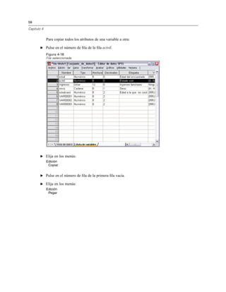 58
Capítulo 4
Para copiar todos los atributos de una variable a otra:
E Pulse en el número de ﬁla de la ﬁla ecivil.
Figura 4-18
Fila seleccionada
E Elija en los menús:
Edición
Copiar
E Pulse en el número de ﬁla de la primera ﬁla vacía.
E Elija en los menús:
Edición
Pegar
 