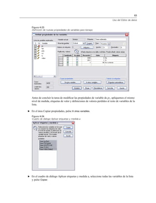 63
Uso del Editor de datos
Figura 4-23
Definición de nuevas propiedades de variables para tienepc
Antes de concluir la tarea de modiﬁcar las propiedades de variable de pc, apliquemos el mismo
nivel de medida, etiquetas de valor y deﬁniciones de valores perdidos al resto de variables de la
lista.
E En el área Copiar propiedades, pulse A otras variables.
Figura 4-24
Cuadro de diálogo Aplicar etiquetas y medida a
E En el cuadro de diálogo Aplicar etiquetas y medida a, seleccione todas las variables de la lista
y pulse Copiar.
 